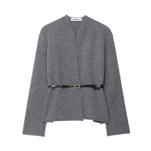 Elegant Women Knit Cardigan Sweater With Black Leather Belt V-Neck Single Breasted Long Sleeve Solid Dark Gray Soft Cozy