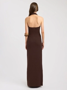 Deep brown halter neck backless knitted maxi dress with sleek slim fit silhouette