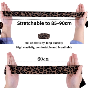 Close-up of leopard print elastic wig band showing stretchability from 60cm to 90cm