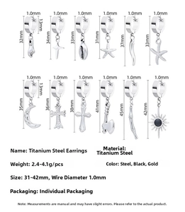 Macro detail of titanium steel earrings with pendant dimensions and weight specifications