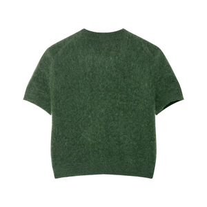 Maglione in maglia verde scuro a maniche corte in mohair soffice con bordi a costine