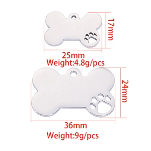 Polished stainless steel dog bone pendants with hollow paw prints in two sizes