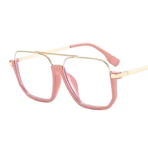 Pink square anti-blue light glasses with double bridge gold metal frames for women