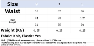 Size chart for knit short sleeve cardigan and high waist mini skirt set in S, M, L