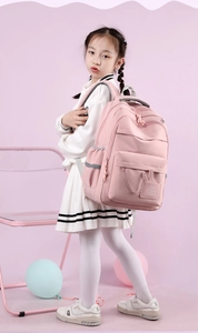 Dettaglio dello zaino rosa per studenti con tasca a coniglio e strisce riflettenti