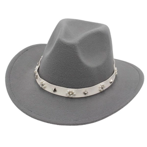 Grey felt fedora hat with elegant pearl and silver stud band decoration