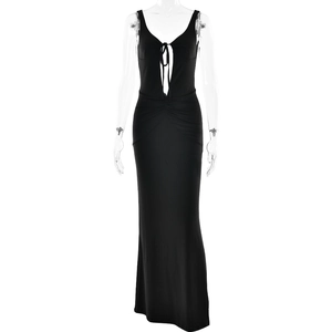 Robe longue noire sexy dos nu avec lacets et détails froncés pour femmes