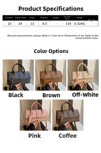 Detailed size chart and product specifications for the checkered faux leather handbag