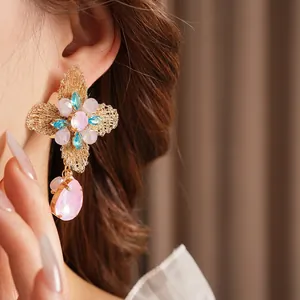 Vintage gold mesh flower earrings with rhinestones and pear-shaped pink crystal pendant