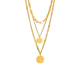 Three-layer gold titanium steel necklace with Merci la vie and letter W circle pendants