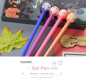 Set of four colorful hamster figurine gel pens in purple, magenta, pink, and orange