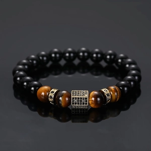 Men's matte black beads bracelet with tiger eye stones and gold zircon hexagon charm