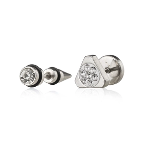 Detail of silver stainless steel geometric earrings with sparkling zircon crystals