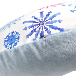 Detail of baby nursing pillow cover showing hidden zipper and soft snowflake plush fabric