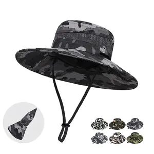 Outdoor Camouflage Sun Hat Wide Brim Breathable Mesh Polyester Boonie Hat For Hiking Fishing Foldable Adjustable Windproof String
