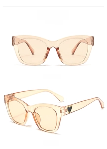 Detail of transparent tan sunglasses with black heart accent and dual views