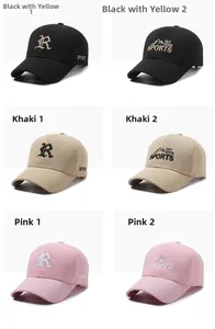 Detailed embroidery view of baseball caps with R and outdoor sports lettering
