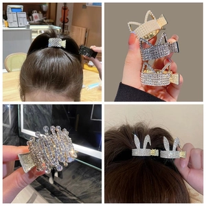 Detailed views of sparkling rhinestone claw clips in crown, cat ear, and rabbit designs