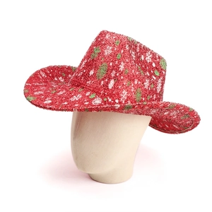 Detailed view of a red sequined cowboy hat featuring white snowflakes and green trees