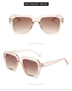 Detail of pink transparent square sunglasses with gradient brown lenses on white background