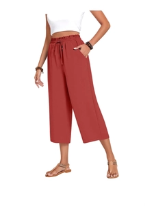 Women's high waisted linen wide leg trousers in rust orange with drawstring waist