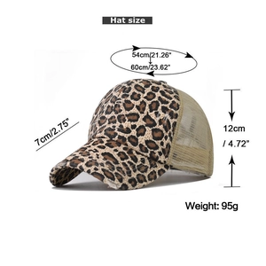Detailed size chart showing adjustable strap, brim length and depth for leopard baseball cap