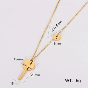 Gold stainless steel cross and round disk pendant necklace with size measurements