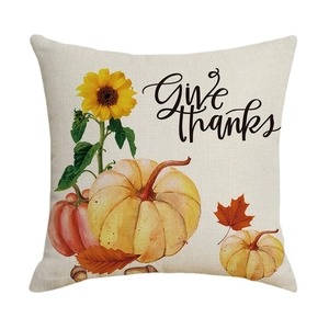 Fodera per cuscino del Ringraziamento in lino con girasoli, zucca e scritta decorativa