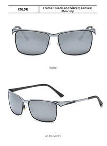 Front and 45-degree angle views of black silver polarized sunglasses with mirror lenses