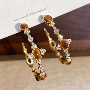 Vintage C-Shaped Hoop Earrings With Tiger Eye Stone Rhinestone And Silver Earring Post 18K Gold Plated For Women