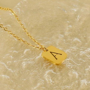 Golden titanium steel necklace with square letter A pendant on a classic link chain