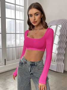 Detail of rose red square neck cropped knit top with high elasticity and long sleeves