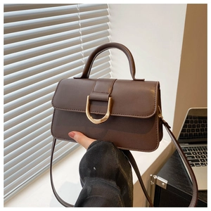 Detail of dark brown leather handbag featuring a stylish gold D-buckle and top handle