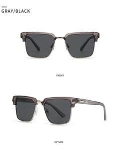 Front and 45-degree side views of classic gray and black square frame sunglasses