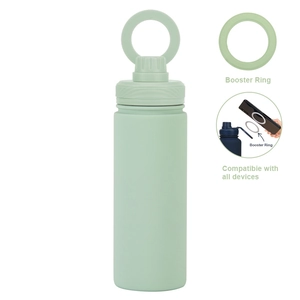 Detail of light green sports bottle showing magnetic booster ring for phone compatibility