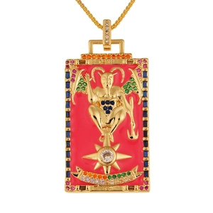 Detail of The Devil tarot pendant with red enamel and colorful zircon stones