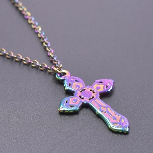 Detailed close-up of rainbow gradient stainless steel cross pendant with matching chain