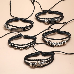 5-piece men's punk set with black braided leather cords and silver feather charms