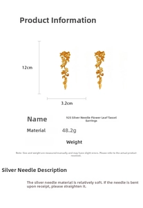 Detail specifications of golden flower leaf tassel earrings with 925 silver needles