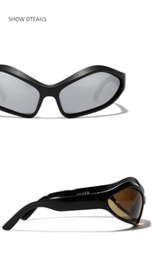 Detail view of Y2K wraparound sunglasses showing internal model 23016 and CE certification