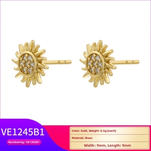 Detail view of 9mm gold plated brass sunflower studs with sparkling white zircon stones