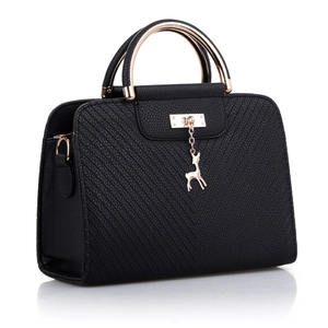 Black lychee leather handbag with V-shaped stitching and golden deer charm detail