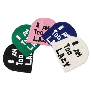 Knitted beanie with 'I AM TOO LAZY' slogan in green, pink, blue, black and white colors