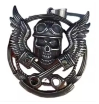 Macro shot of biker style skull pendant with helmet and wings in antique silver finish