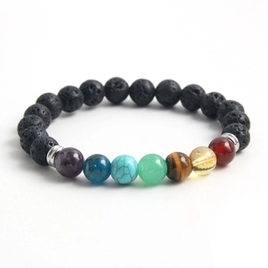 Bracelet huit planètes en pierres naturelles de lave noire et perles de chakra colorées