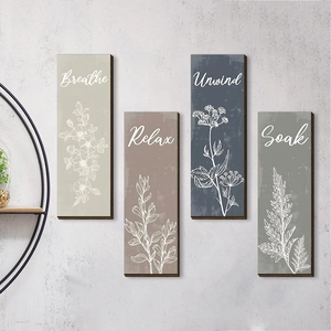 Pastoral Poplar Wood Wall Plaque Sign Botanical Floral Breathe Relax Unwind Soak Handwritten Wooden Wall Decor For Bathroom