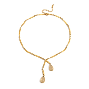 Gold stainless steel lariat necklace with yellow teardrop gemstone pendants on white background