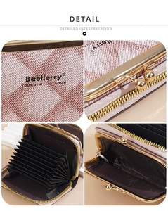 Detailed view of pink plaid mini wallet featuring organ slots and metal buckle