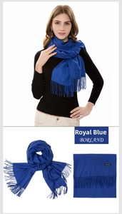 Detailed view of soft royal blue cashmere scarf featuring classic fringe and brand label
