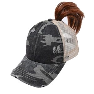 Detail of washed camouflage baseball cap with breathable mesh and ponytail hole feature